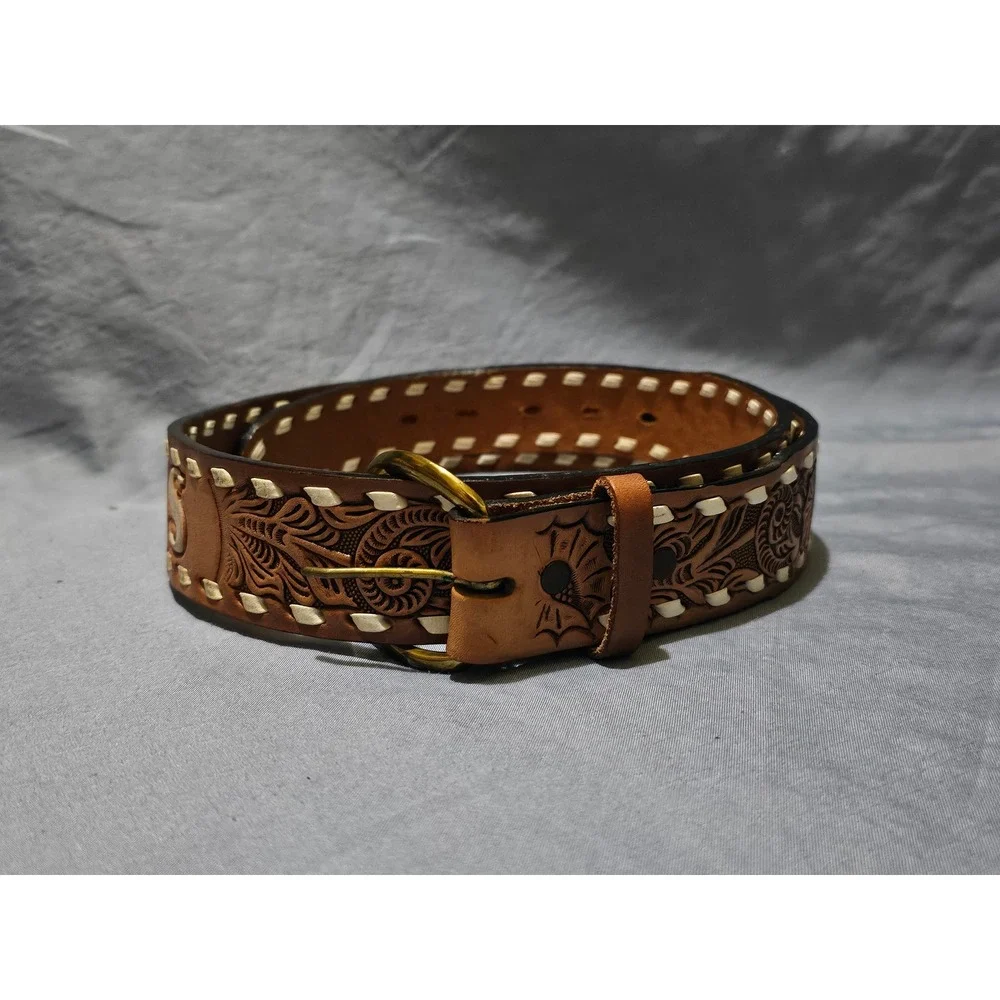 Vintage‎ Flying E Ranch Tooled Leather Belt Floral Western Cowboy Press 36